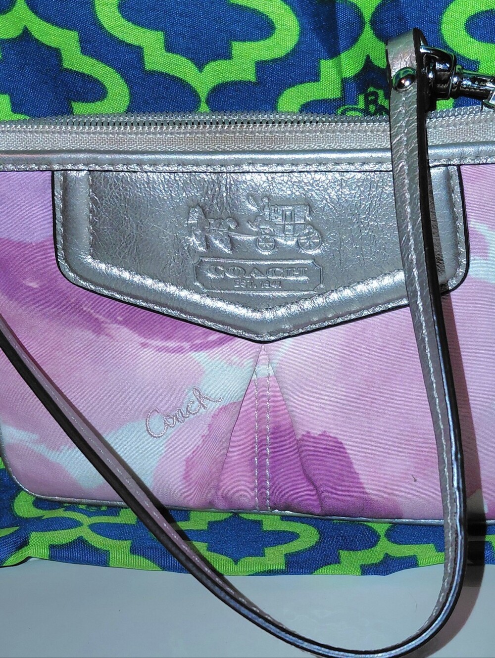 Coach Pink Watercolor Wristlet with Silver Leather Trim